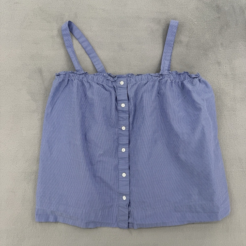 J Crew Top Womens 12 Blue Button Front Spaghetti Strap Pinstriped Ruffle Cotton